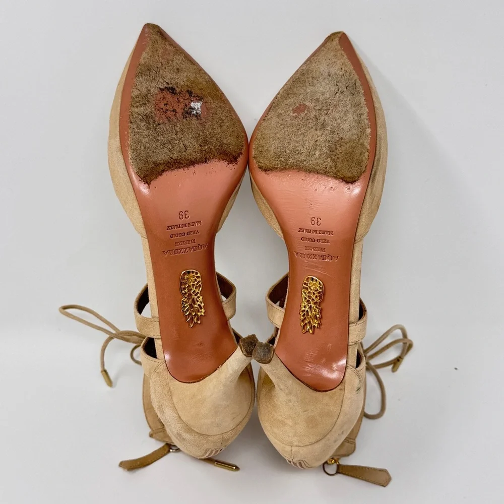 Aquazzura Suede Belgravia Lace Up Pointed Toe Pumps Size 39